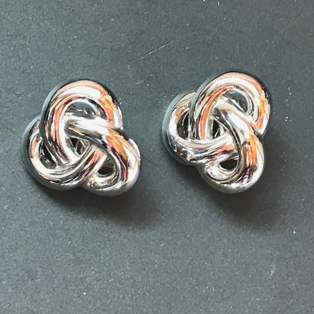 Estate Trifari Signed Silvertone Twist Knot Clip Earrings – marked on back of