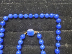 Vintage Marvella Signed Blue Round Ball Glass Bead Necklace W/ Gold Plated Clasp