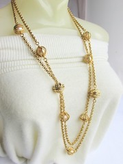 62″ Gold Plate Rolo Chain Double Strand Necklace w/ Caged Pearls
