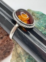 925 Sterling Silver Carved Rose Baltic Amber RING Size 7.25 Estate Vintage
