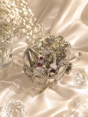 Vintage Style to Modern Jewelry Lot in Glass Dish Silver Tone Rhinestone Mix