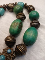 Vintage brass metal necklace with green stone made of brass and faux wood beads