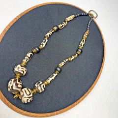 Tribal Wood Beaded Statement Necklace Black Cream Brown Boho Artisan Vintage