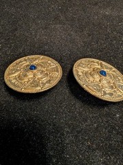 Vintage Goldtone ntricate Detailed Pierced Medallion Earrings, Blue Stone