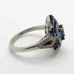 Art Deco Vintage Sapphire Lab Created Diamond 14K White Gold FN Engagement Ring