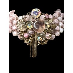Vintage Pink Opaline Glass Multi Strand Bracelet AB Rhinestone Floral Tassel