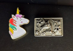 Lot of 2 UNICORN Pins Brooch Pinback Buttons Vintage Torino Pewter & Enamel