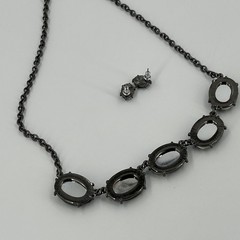 Emerald Green Necklace Earring Set Gun Metal Acrylic Modern Choker 17 Inch