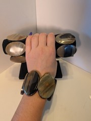 Three Polished Buffalo Horn Oval Panel Stretch Bracelet Chunky Bangles