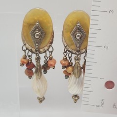 Vintage Boho Mother of Pearl Stone Beaded Dangle Clip On Earrings Yellow Tribal