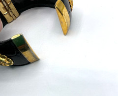 Vintage Black Patent Leather Gold Tone Medusa Accents Hinged Clamper Bracelet
