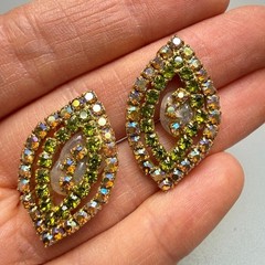 Large Vintage AB Rhinestone Flower Brooch Earrings Set 3″ Pink Green MCM Chic