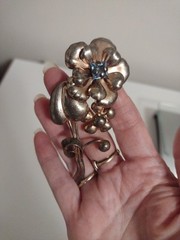 Vintage 195Os Sterling Silver Vermeil AT Rhinestone Flower Brooch Pin 4″ 17.3g