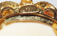 VTG Colored Scrimshaw Brooch: “JJJ 1/20 12KGF”, Butterfly, Flower, Gold Trim