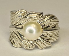 Vintage Large Sterling Silver 925 Leaf 9mm Cultured Pearl Statement Ring SZ 7.5