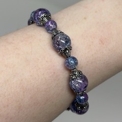 Purple Blue Crackle Glass Bead Bracelet Silver Filigree Caps Handmade 9”
