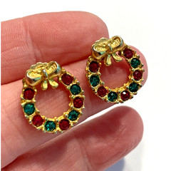 Christmas Holiday Pierced Earrings Red & Green Rhinestones Small Gold Wreaths