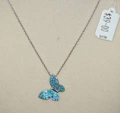 VINTAGE JEWELRY Necklace Blue Crystals Butterfly Pendant Chain