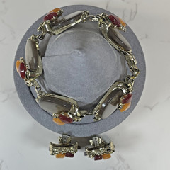Vintage Thermoset Celluloid Cream Cabochons & Floral Bracelet & Clip on Earrings