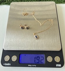 Vtg.10K Solid Yellow Gold Blue Sapphire Diamond Hallo Earrings Pendant Necklace