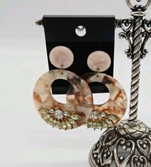 Round Acrylic earrings Multicolored tortoise Pattern Rhinestone Accent 2.25 in