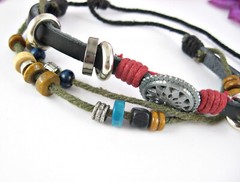 BOHO Wood Beads Silvertone Metal Round STAR Beaded THREE Strands Cording 11″