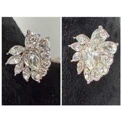 Vtg MONET Clip On Earrings Silver Tone Pear Cut Rhinestone Crystal Cluster EUC