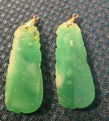 Vintage Green Peking Glass Carved Faux Jade Pendant Pair Gold Tone Charms