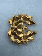 Vtg B David Smoke & Topaz Rhinestone Brooch Earrings Set Marquise Leaf Gold Tone