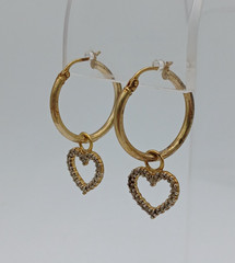 925 FAS Heart Charm Hoop Earrings 1.25in Vermeil Sterling Silver 2.94g Estate