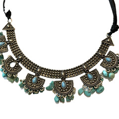 Vtg Faux Turquoise Stone Dangles & Antiqued Silver Tone Necklace ~17″ Boho Chic