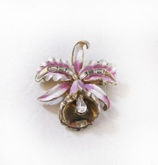 Lovely Vintage Mid Century Coro Rhinestone Enamel Orchid Brooch