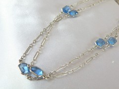 Antique Sterling Silver 925 Blue Gemstone Station Vintage Paperclip Necklace 25″