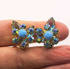 VTG Juliana Blue Teardrop AB Aurora Borealis Florette Clip-on Earrings FABULOUS!