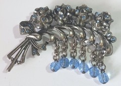 Vintage Pot Metal Floral Spray Brooch w/ Blue Rhinestones & Blue Dangling Beads