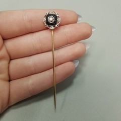Vintage Carved Onyx and Diamond Stick Pin Platinum and 14k Gold Metal Art Deco