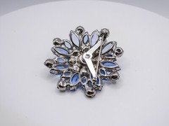 Vintage Brooch Blue Glass Rhinestone Womens Silver Flower Pin Open Back