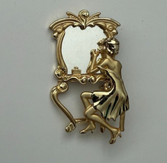 Vintage 1980s Gold Tone Woman at Vanity Mirror Brooch Pin Figural 2.5″