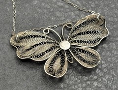 Sterling Silver Filigree Butterfly Pendant Necklace w/ Aurora Borealis