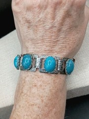 Vintage Silver Tone Etched Panel Bracelet Chunky Blue Faux Stone Statement 6.75”