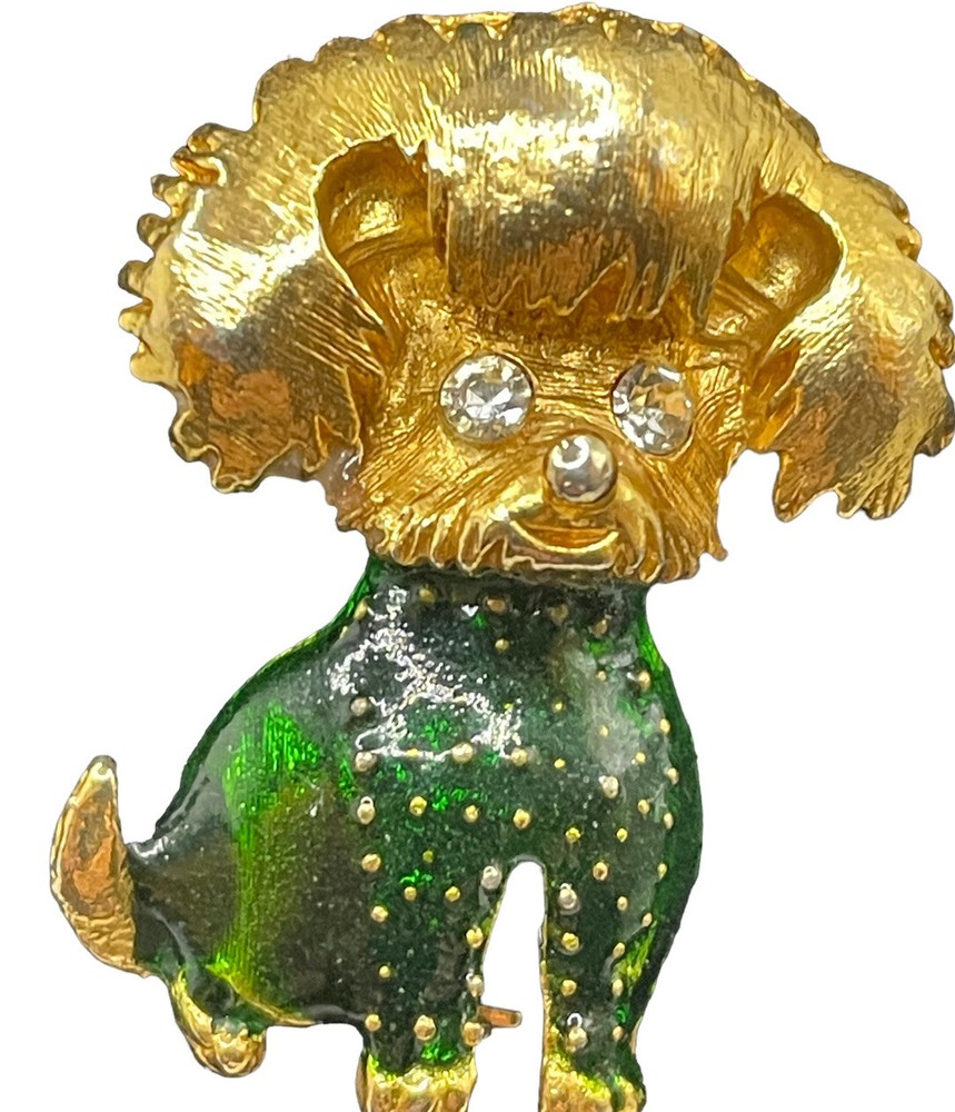 Dog Brooch Pin Vintage gold tone enamel pin Poodle/Yorki Green Body