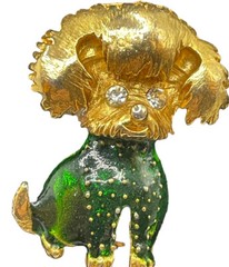 Dog Brooch Pin Vintage gold tone enamel pin Poodle/Yorki Green Body