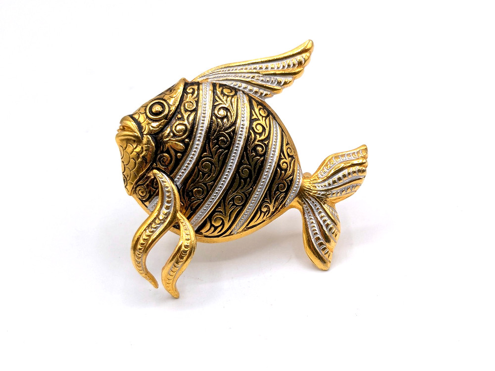 Vintage Damascine Black & Gold/Silver Large Angel Fish Brooch-Spain