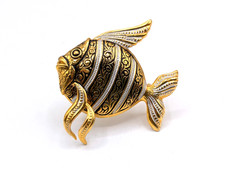 Vintage Damascine Black & Gold/Silver Large Angel Fish Brooch-Spain