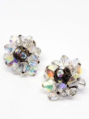 Austrain crystal brass beaded aurora borealis rhinestone clip on vintage earring