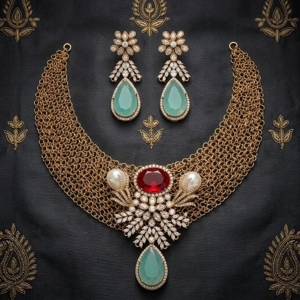 Gold tone Kundan & Polki Mesh Necklace Set with Ruby and Pearl