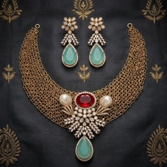 Gold tone Kundan & Polki Mesh Necklace Set with Ruby and Pearl