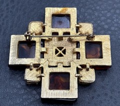 Vintage HUGE 80s Gold Tone Faux Amber Maltese Cross Brooch Pin Statement Piece