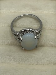 Vintage Opalite Glass Oval Ring Silver Tone Filigree Setting Size 6 Witchy Gift