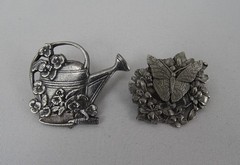 Lot of 2 Pewter ‘Birds and Blooms’ Brooches, Watering Can (2000), Butterfly 1998